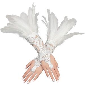 Women's Lace Feather Long Gloves Gothic Mesh Cuff Wedding Halloween Party